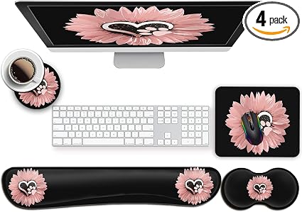 Ergonomic Mouse Pad and Keyboard Wrist Support, Non-Slip Rubber Base for Office Gaming Working Easy Typing & Pain Relief Sunflower and Cute Cartoon Dog Paw Print Pet Pink Flowers Desktop Decoration