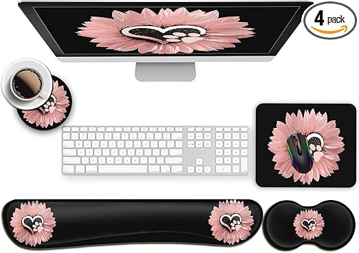 Ergonomic Mouse Pad and Keyboard Wrist Support, Non-Slip Rubber Base for Office Gaming Working Easy Typing & Pain Relief Sunflower and Cute Cartoon Dog Paw Print Pet Pink Flowers Desktop Decoration