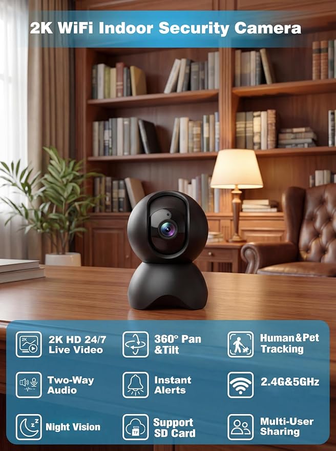 2K Indoor Security Camera, 2.4GHz & 5GHz WiFi Pet Camera Indoor with Phone App, 360° Pan-Tilt Cameras for Home Security, 2-Way Audio, Cloud/SD Card Storage, Motion Detection, 2 Pack