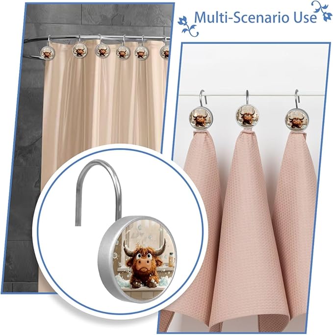 12 Packs Bathing Highland Cow Shower Curtain Hooks, Stainless Steel Glass Shower Curtain Rings for Bathroom Decor, Metal Rustproof Curtain Rod Hooks
