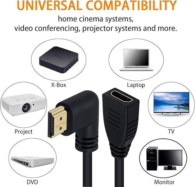 Poyiccot 8K HDMI Extension Cable, Short HDMI 90 Degree Left Angle Male to Female HDMI 2.1 Cable Adapter 48Gbps with 8K 60Hz Video and 3D HDR for TV/Xbox /PS4 /PS5 (Left M/F), 0.5feet