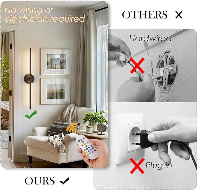 Battery Operated Wall Sconces Set of Two, with Remote Control, Dimmable, Warm White/Natural White/Daylight/RGB, 350°Rotate, LED Black Wireless Wall Light for Living Room, Bedroom, 24.4 Inch