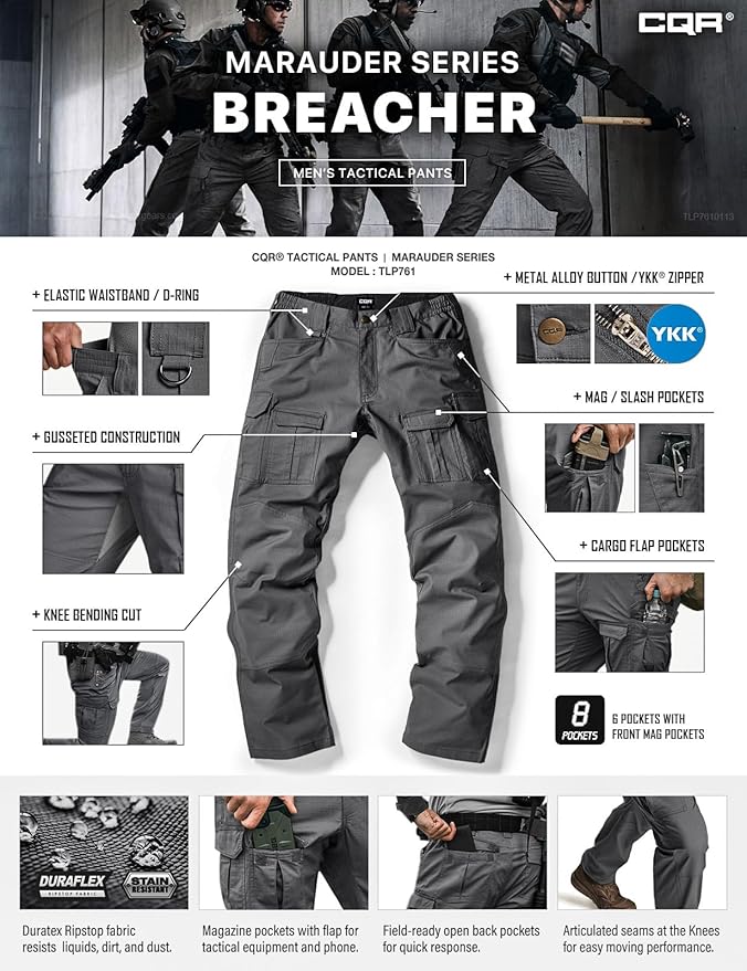CQR Men's Flex Ripstop Tactical Pants, Water Resistant Stretch Cargo Pants, Lightweight EDC Hiking Work Pants
