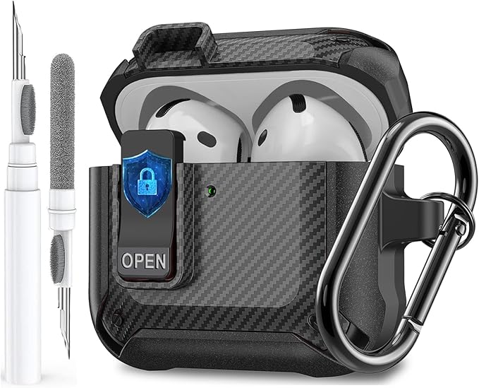 for Airpods 4 Case with Lock Clip, Rugged Apple Airpods 4th Generation Cover 2024 Men Women, Armor Shockproof iPod 4 Gen Protective Hard Shell with Carabiner&Cleaner kit,CF Black