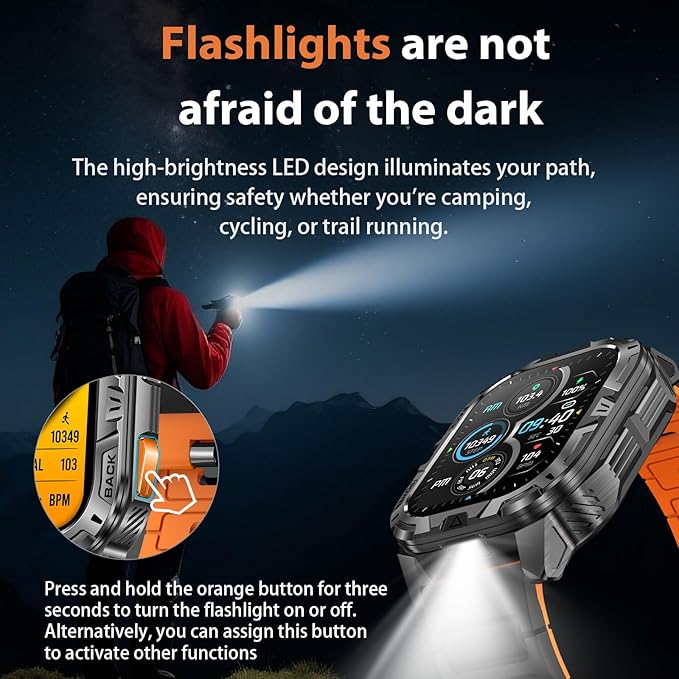 MIDDOW Military Smart Watch with LED Flashlight, 900mAh Battery, Answer/Make Calls, 2.01" Display, Blood Oxygen Heart Rate Sleep Monitor, IP68 Waterproof Fitness Tracker for Men Android iOS (2 Straps)