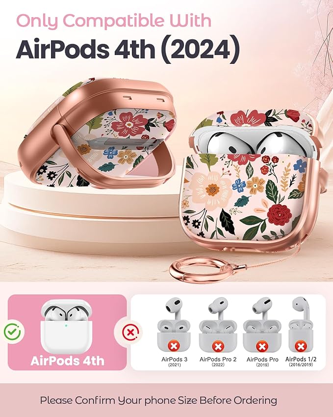 Coralogo for AirPods 4 Case with Safety Lock - Cute Cartoon for Women Girls Fashion Stylish Beige Flower Pattern Design Kawaii Girly Girlish Hard Protective Cover for AirPods 4th Generation 2024