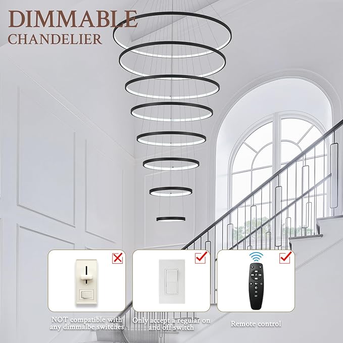 Modern LED Chandelier 8 Rings Dimmable Black High Ceiling Chandelier Foyer, Large LED Contemporary Pendant Lighting for Staircase Entryway Living Room, D35’’ 3000K-6500K