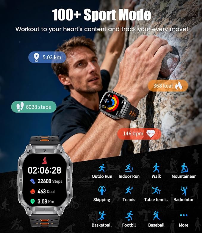 Military Smart Watch for Men(3 Bands),1000mAh/2 HD Large Screen Smartwatch, Flashlight/110+ Sports Modes, Fitness Tracker Watch for Android iOS,Light Black