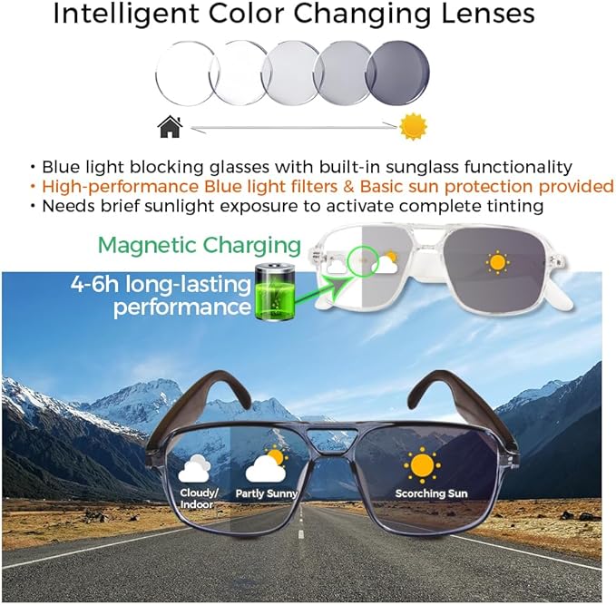 Smart Glasses Bluetooth Audio Glasses Sunglasses Blue Light Glasses for Men Women Dual Mic Color-Change UV Protection