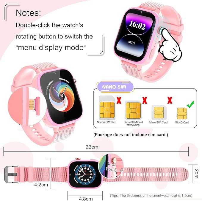 OKYUK 4G Kids Smart Watch, 15 Exciting Games, Two-Way Calling Feature, SOS Emergency Call Button Ideal for Kids Aged 3-12, for Boys & Girls (Pink)