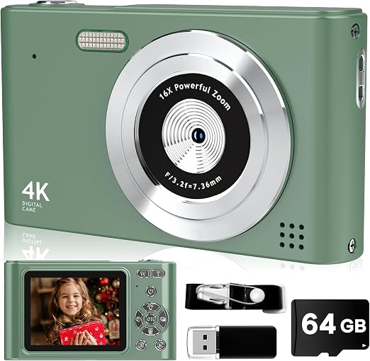 Digital Camera, 44MP Full HD 1080P Point and Shoot Camera with 64GB Card, Anti Shake 16X Zoom Compact Volg Cameras, Portable Small Camara Gift for Kids, Ages Teen Girl Boy - Green - Image 6