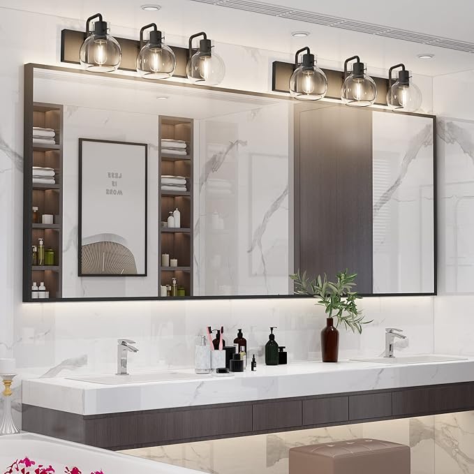 Tipace Industrial Bathroom Vanity Lighting Fixtures 3-Lights Farmhouse Matte Black Finish with Globe Clear Glass Vanity Lights Vintage Bath Lighting(Exclude Bulb)