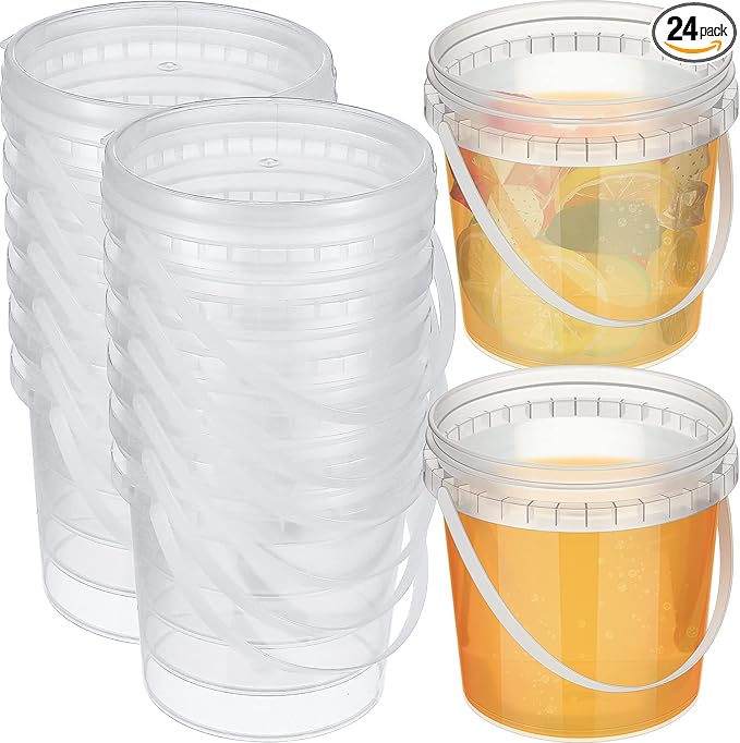 Skylety 24 Pcs Ice Cream Tub with Lid and Handle, 32oz Plastic Freezer and Microwave Safe Food Storage Containers, Airtight Pails Container for Snacks Deli Food Fruit, Leakproof Bucket (Clear)