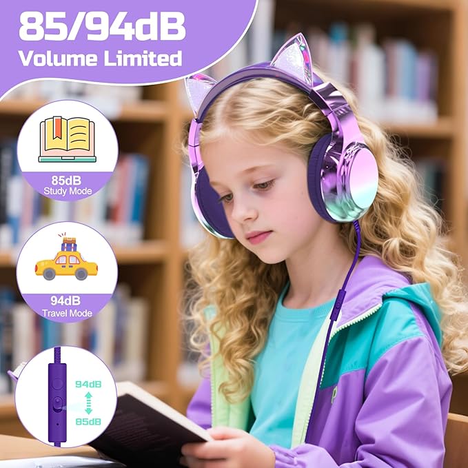 QearFun Kids Cat Ear Headphones Wired with Mic, 85/94dB Safe Volume Limit, Sparkly Wired Headset, Foldable, Sharing Port & Tangle-Free Cord for School, Chromebook, Tablet, Travel, Boys & Girls