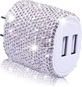 USB Wall Charger Bling 5V/2.4A 24W Dual Port Fast Charger Plug Cell Phone Block Adapter White for iPhone Android Samsung Pad Tablet etc