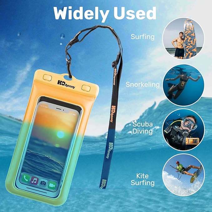 H2ODYSSEY Waterproof Phone Case and Lanyard - Excellent Waterproof Protection - Floats in The Water -Lanyard for Beach Kayak Travel - Universal Size - Orange