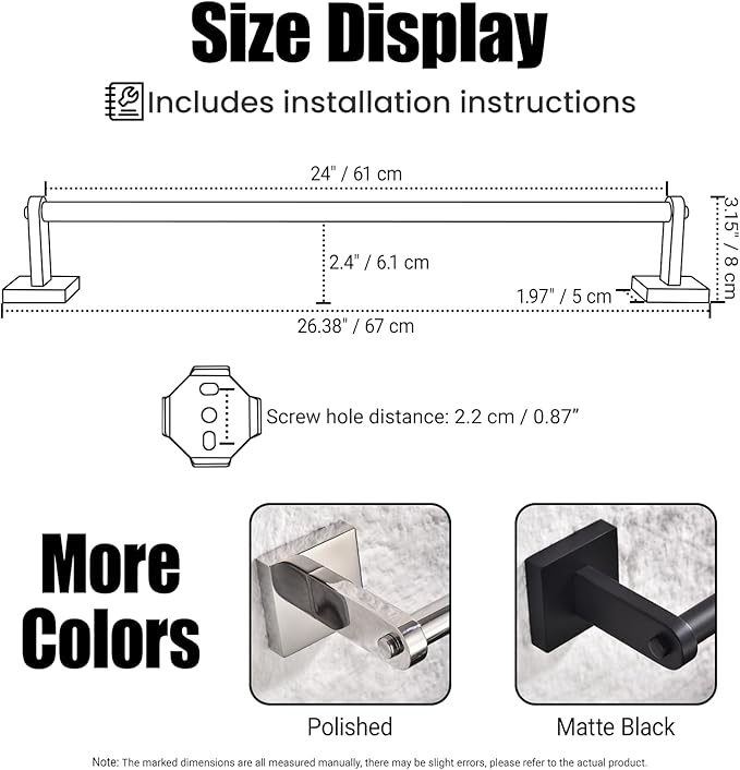 Miyili 24-Inch Durable Brushed Towel Bar, SUS 304 Stainless Steel Wall Mounted Bathroom Towel Holder, Total Length 26.38-Inch