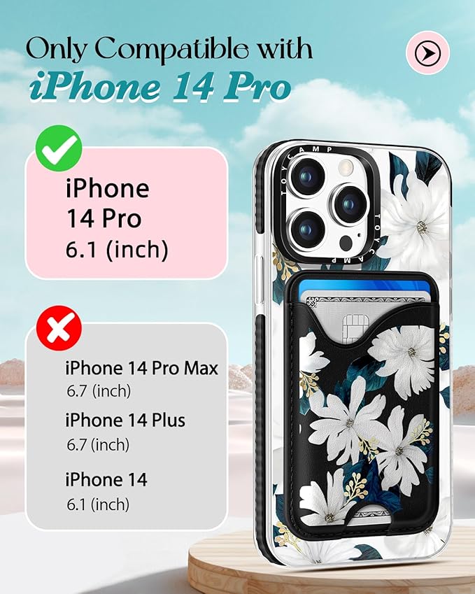 Toycamp for iPhone 14 Pro Case - Compatible with Magsafe Credit Card Holder Wallet Magnetic Cute Women Teen Girls Kawaii Girly Pretty Flower Floral Design Phone Cover for iPhone 14 Pro