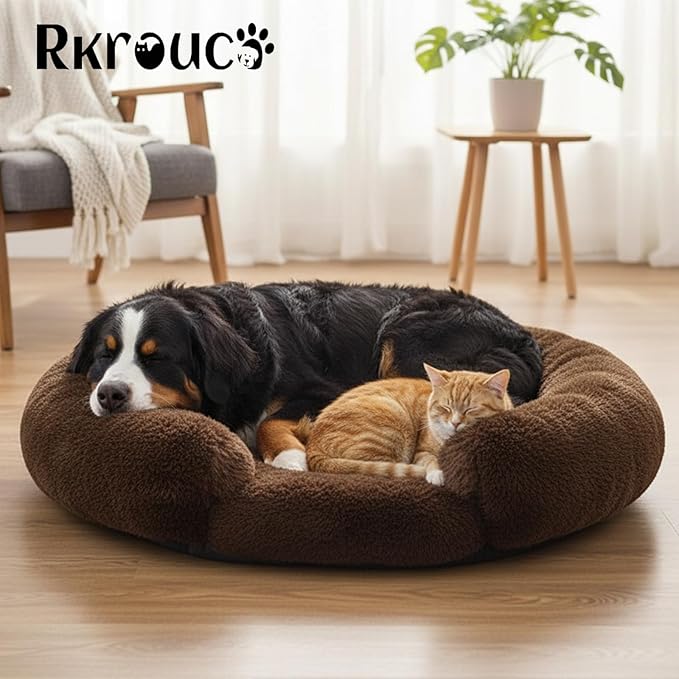 Fluffy Dog Bed Calming Donut Beds for Large Dogs Warming Round Small Medium Pet Nest Cozy Cat Mattress Indoor Washable Puppy Kennel Kittens Sleep Mat (XL, 43.3×43.3 inch, Brown)
