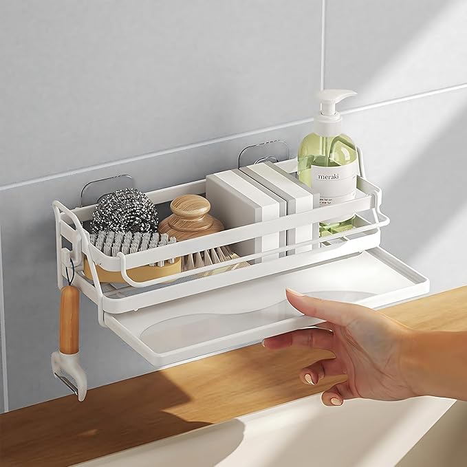 Sponge Holder Wall Mount Kitchen Sink Organizer, Dish Sponge Holder with Divider, Kitchen Sink Caddy, Sink Accessories-White