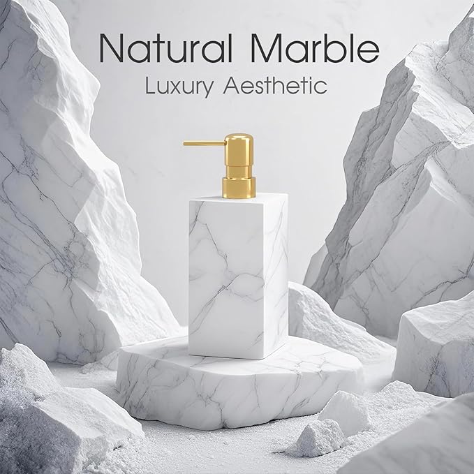 2 Pack Real Natural Marble Soap Dispenser with Stainless Steel Pump Decorative Liquid Hand Soap Bottle for Kitchen Bathroom, Compatible with Lotion, Dish Soap Shower Gel (White 2 Set)