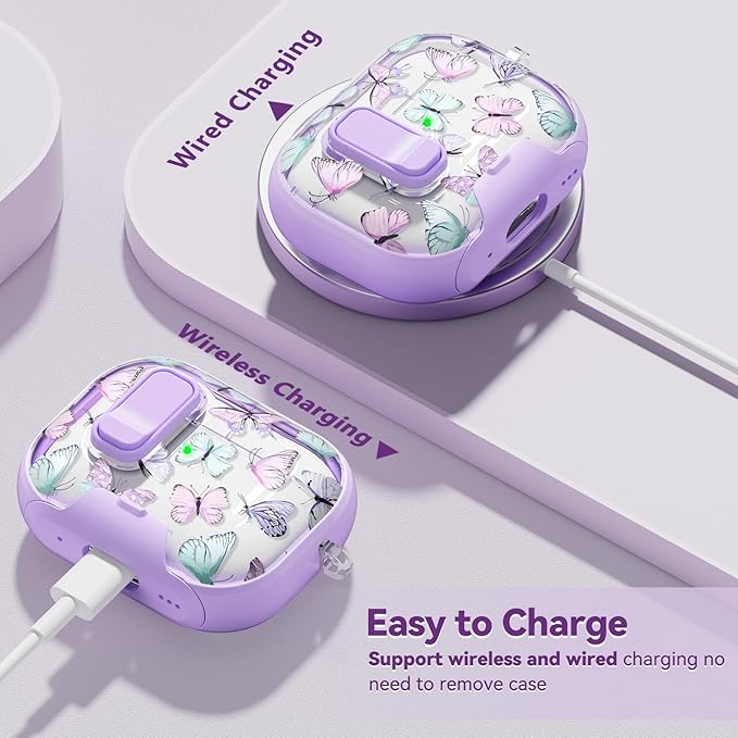with Safety Lock for AirPods Pro 3 Case 2025,Clear Butterfly Floral Cute Airpods Pro 3rd Generation Case with Phone Stand & Cleaner Kit for Apple AirPods Pro 3 for Women Girly-Purple