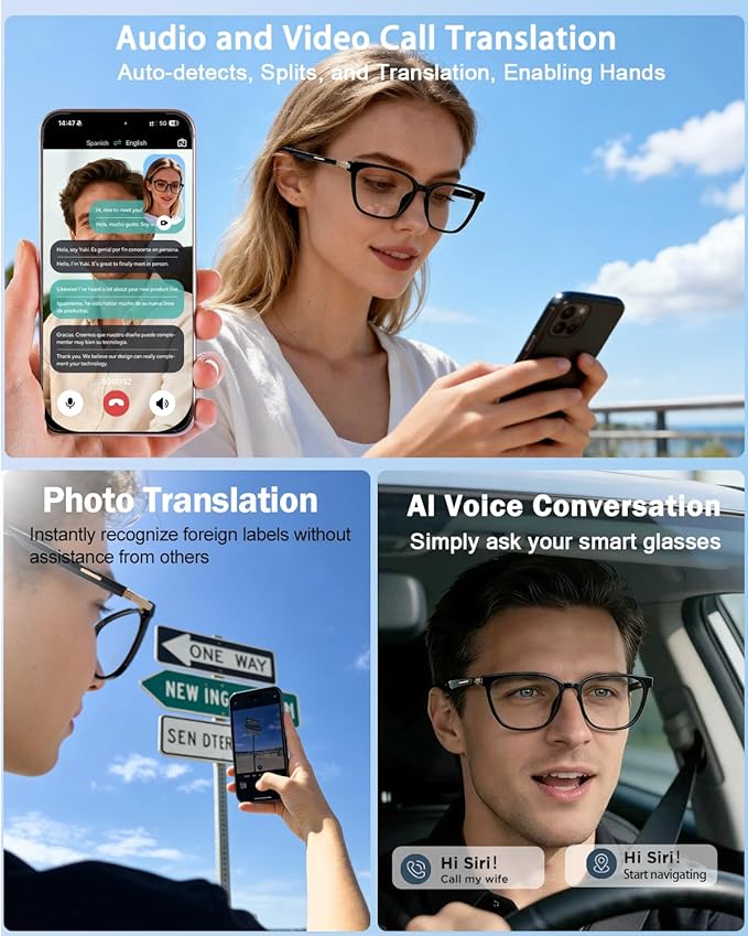 Al Smart Glasses for Men Women - Bluetooth Translation Glasses with 164 Languages, Color-Change Lens, Music &Calls w/ Bluetooth 5.4, Al Vioce &Meeting Assistant, Lightweight&Comfortable Thin Temples