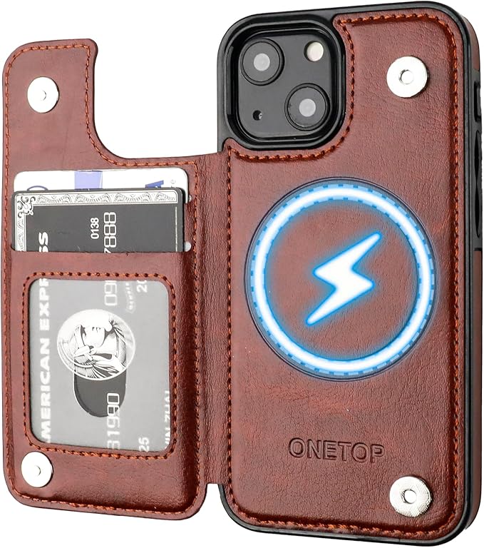 ONETOP Compatible with Magsafe for iPhone 13 Mini Wallet Case with Card Holder, PU Leather Kickstand RFID Blocking Case, Double Magnetic Clasp and Durable Shockproof Cover 5.4 Inch (Brown)