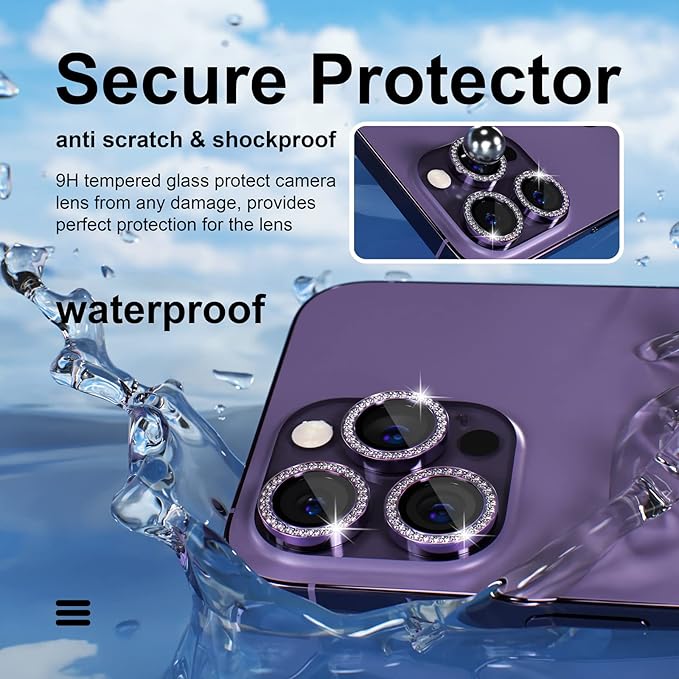 Misea [3+1] for iPhone 14 Pro/iPhone 14 Pro Max Camera Lens Protector Bling, 9H Tempered Glass Camera Cover Screen Protector Metal Individual Ring Protector Decoration Accessories, Purple Diamond