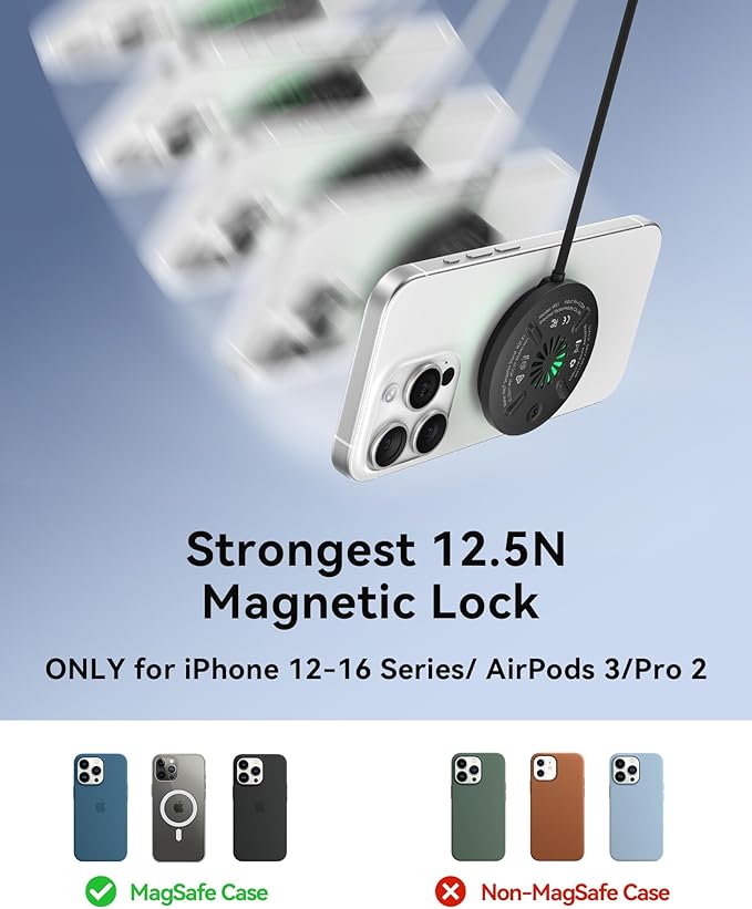 INIU Magnetic Wireless Charger, Qi2 Certified 15W Fast Mag-Safe Wireless Charging Pad with Cooling Fan, Only for iPhone 17 16 15 14 13 12 Series, AirPods, and More (Adapter Included)