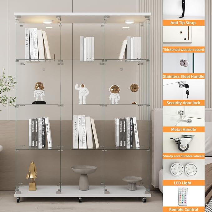 LFT HUIMEI2Y Glass Display Cabinet 12 Shelves with 3 Columns 2 Doors, LED Light and Lock, Extra Large Curio Cabinets Quick-Install Style Tempered Glass Bookshelf for Living Room, Kitchen White