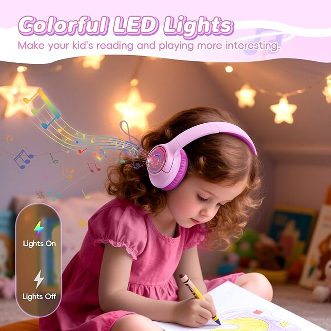 Kids Bluetooth Headphones, 85H Playtime Wireless Headphones for Kids, Colorful LED Lights, 85/94dB Safe Volume Limit, Bluetooth 5.4 Built-in Mic Toddler Headset for Tablet/Airplane (Fuscia Pink)