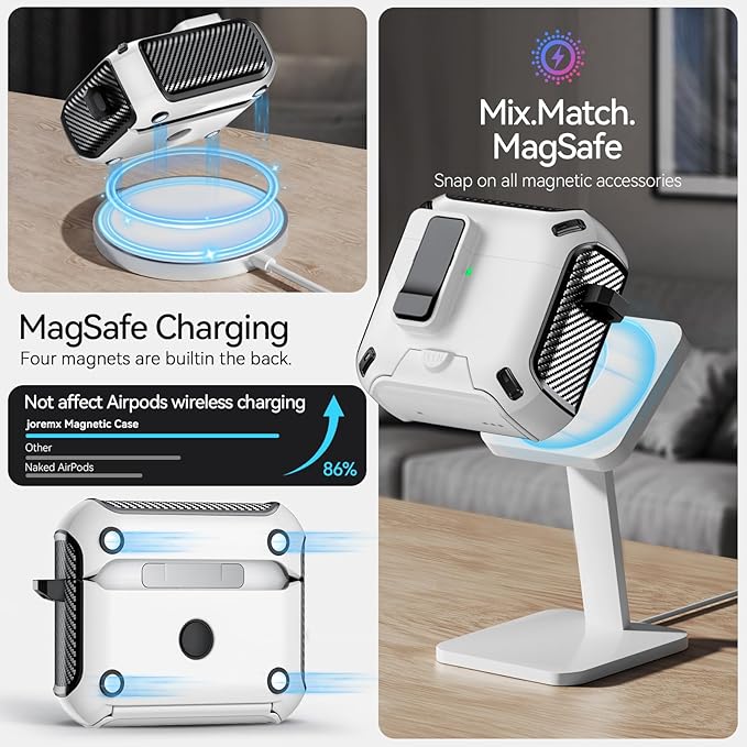 for AirPods 4 Case (2024) with Phone Stand,（with Automatic Snap Switch） Carbon Fiber Design Protection Cover with Cleaning Pen,White