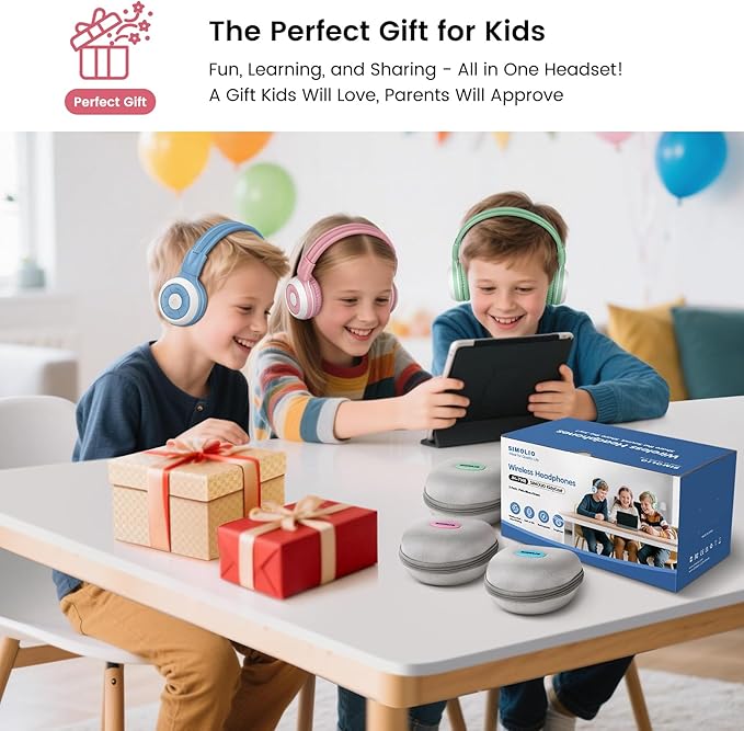 SIMOLIO Kids Bluetooth Headphones with Auracast Audio Sharing for Group Listening - Stream from One Bluetooth Device to Multiple Headphones, Foldable with Mic for School, Travel & Online Learning