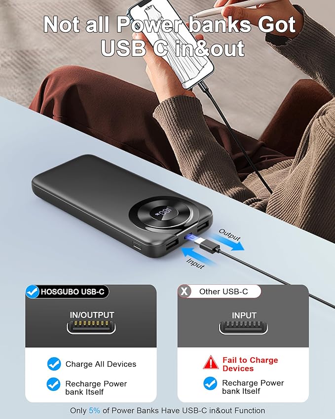 Portable Charger 10000mAh Power Bank Fast Charging with Built-in Cable Slim Battery Pack