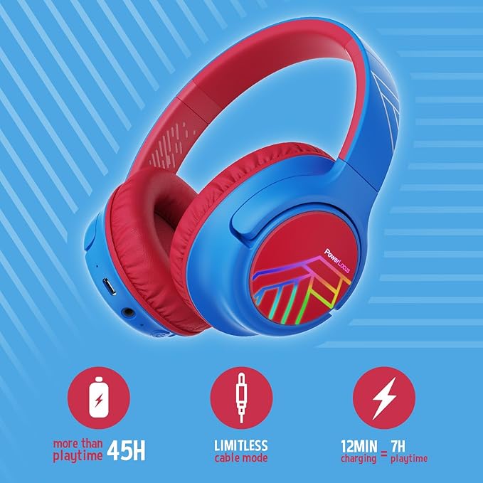 PowerLocus Kids Wireless Headphones, Bluetooth Kids Headphones LED Lights Over Ear with 74/85/94dB Volume Limited, 45H Playtime,Built-in Mic, Two Device Share Mode, HD Stereo for Travel/PC/Tablet
