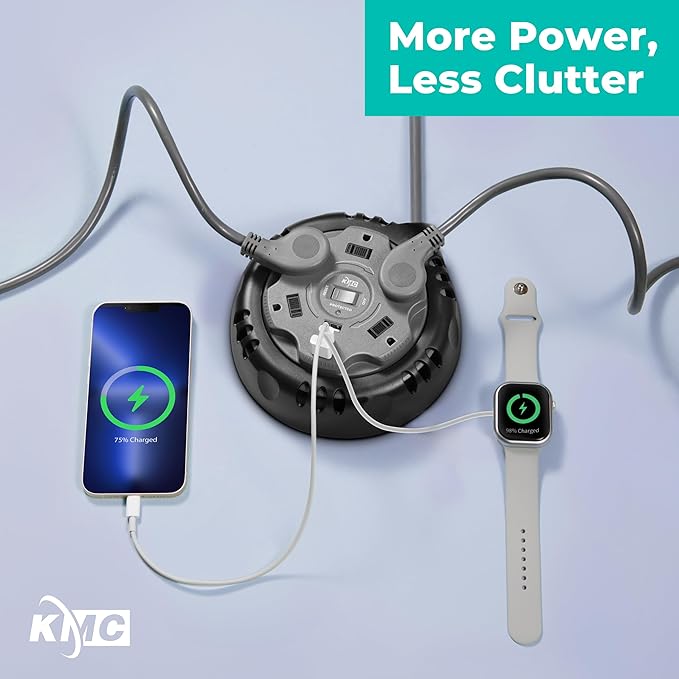 KMC 5-Outlet USB-C PD Surge Twist Retractable Power Strip Cord Reel, 2 USB-A & 1 USB-C Power Delivery, 735J Surge Protector, 8ft Retractable Extension Cord, 3-Prong Flat Plug, UL/ETL Certified, Gray