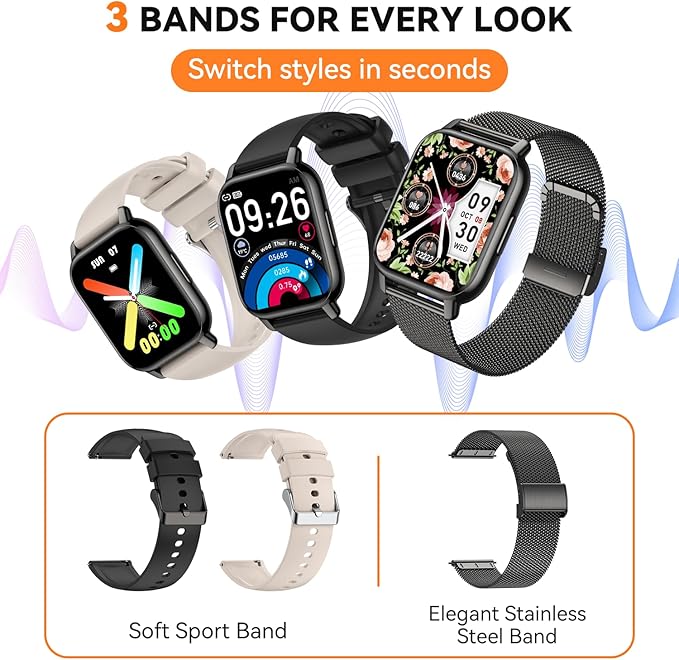 Smart Watch for Women(3 Bands), Smartwatch Fitness Tracker with Bluetooth Calls & AI Voice Control, 1.85’’ HD Screen, Heart Rate/SpO2 Monitor, Sleep Tracker, Compatible with Android iOS (Black)