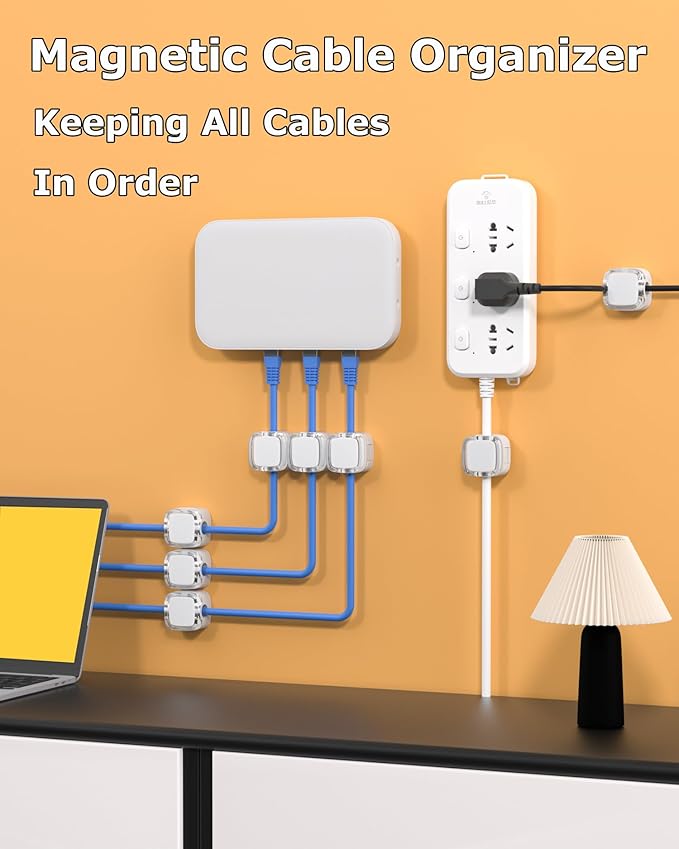 Magnetic Cable Clips, Adjustable Cord Holder Management, Adhesive Wire Keeper Organizer for Home Office Desk Phone PC Car Wall Desktop Nightstand Appliance (9-Pack White Crystal)