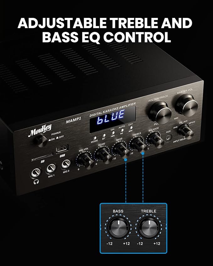 Moukey Stereo Receivers with Bluetooth 5.0, 2.0 Channel Power Audio Amplifier Stereo System w/USB, SD, AUX, RCA, MIC in w/Echo, LED for Karaoke, Home Theater Speakers, 400W Peak, 25W× 2 RMS- MAMP1