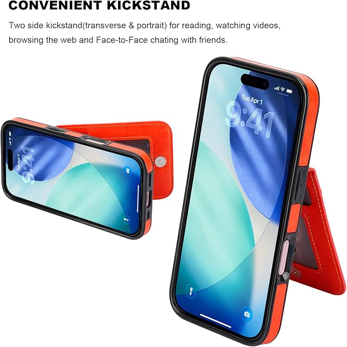 KIHUWEY Compatible with iPhone 17 Case Wallet with Credit Card Holder, Flip Premium Leather Magnetic Clasp Kickstand Heavy Duty Protective Cover for iPhone 17 6.3 Inch (Orange)