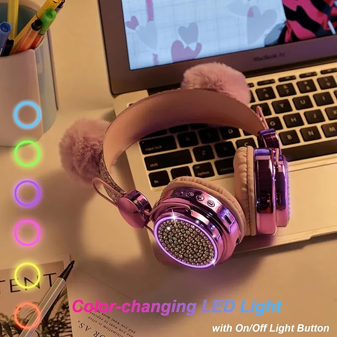 Kids Headphones Wireless Bluetooth 5.3 Colorful LED Lights Over-Ear 85dB Volume Limited Girls Headphones for Children/Teens/Gift/School/Tablet/Travel (Purple)