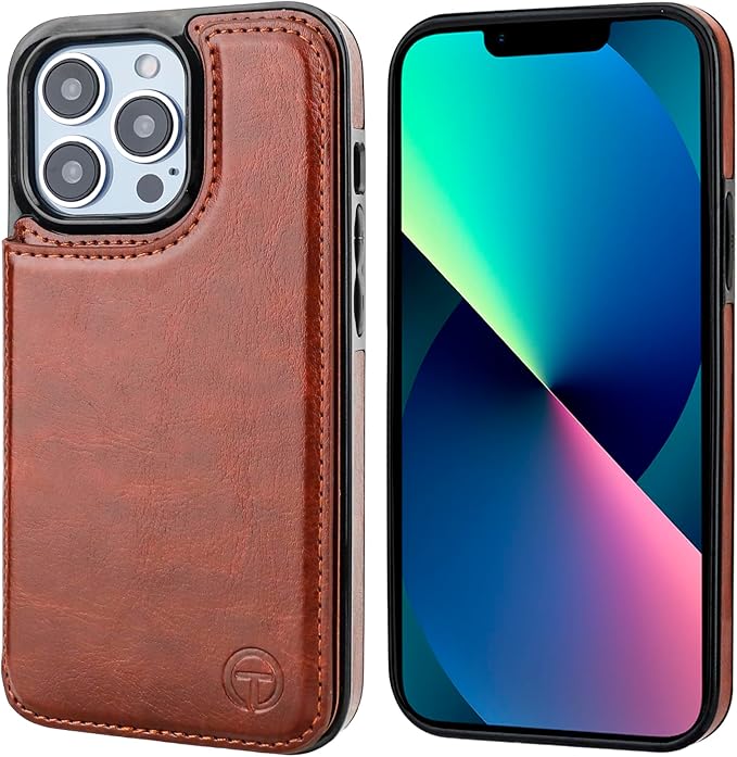 ONETOP Compatible with Magsafe for iPhone 13 Pro Wallet Case with Card Holder, PU Leather Kickstand RFID Blocking Case, Double Magnetic Clasp and Durable Shockproof Cover 6.1 Inch (Brown)