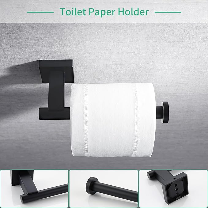 Miyili Matte Black 5-Piece Bathroom Hardware Kit Set Stainless Steel Wall Mount - Includes Double Towel Bar, Hand Towel Rack, Toilet Paper Holder, 2X Robe Hook, BS02B5