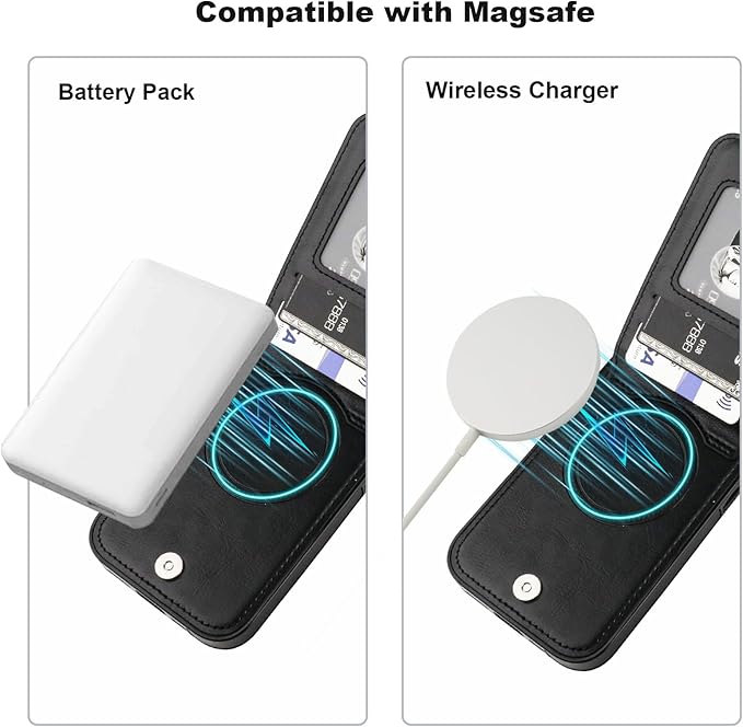 KIHUWEY for iPhone 17 Case Wallet Compatible with MagSafe Wireless Charging, Credit Card Holder, RFID Flip Leather Magnetic Clasp Kickstand Heavy Duty Protective Cover 6.3 Inch (Black)