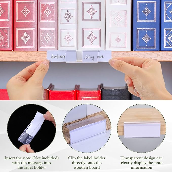 100Pcs Shelf Label Holders, Clear Plastic Price Tag Sign for Counters, Warehouses, Bookshelf Shelves, Wire Wood Shelf Sign and Ticket Holder 2.4 in L x 1 in H Clips On to Shelves 3/4" to 1" Thick