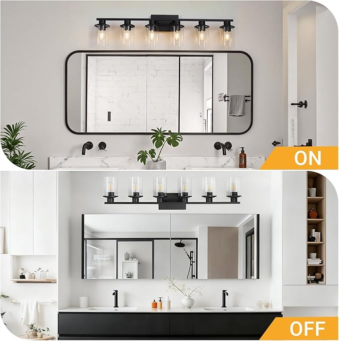 LOUSACE 6 Light Bathroom Vanity Light, 38" Matte Black Vanity Lighting Fixture Over Mirror with Clear Glass Shade, E26 Base