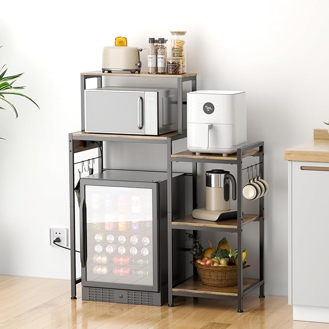 Multifunctional 6-Tier Mini Fridge & Microwave Stand with 2 AC/2 USB Outlets - Coffee Bar & Bakers Rack Storage Shelf, Mini Fridge Cabinet for Kitchen, Dorm, Living Room