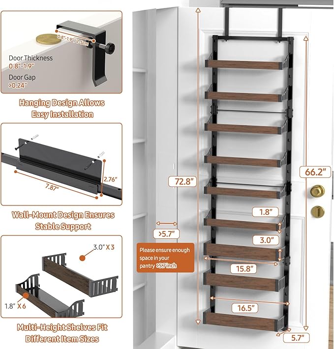 Over the Door Pantry Organizer: Pantry Organization and Storage with Hanging Basket - 9-Tier Metal Spice Rack Adjustable Shelves for Kitchen Bedroom Bathroom & Laundry Room Black