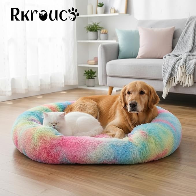 Fluffy Dog Bed Calming Donut Beds for Large Dogs Warming Round Small Medium Pet Nest Cozy Cat Mattress Indoor Washable Puppy Kennel Kittens Sleep Mat (XL, 43.3×43.3 inch, Rainbow)